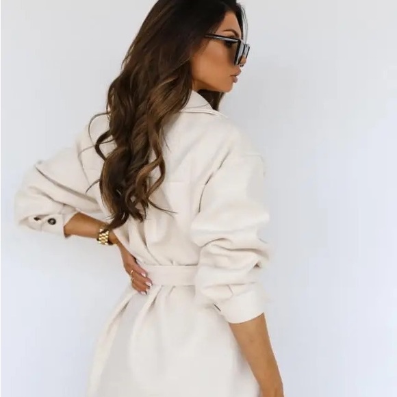 Cream Pocket Button Belted Wrap Button long sleeve Brush Utility fitted Shacket - Picture 2 of 10